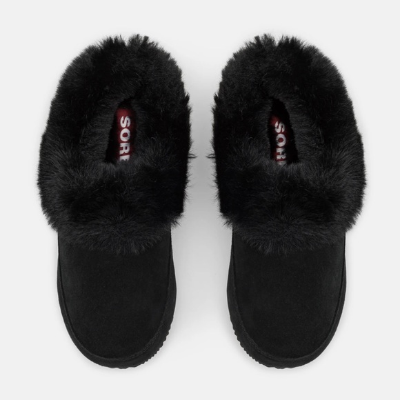 Sorel Women’s Go Coffee Run Slippers Black Suede Leather Fur Slip On Shoes NWT - Picture 1 of 16
